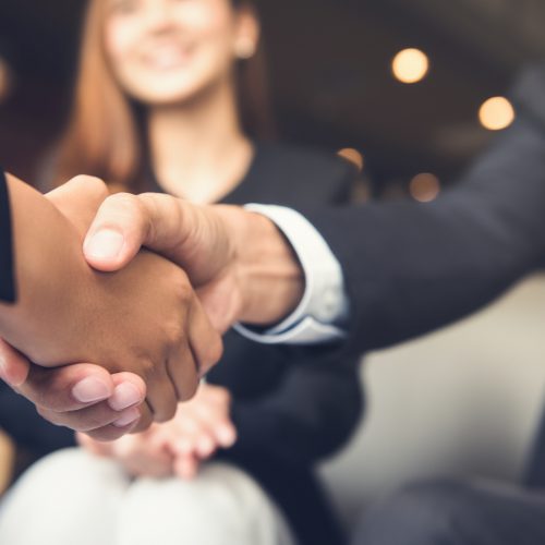 Businessmen making handshake with his partner in cafe - business etiquette, congratulation, merger and acquisition concepts