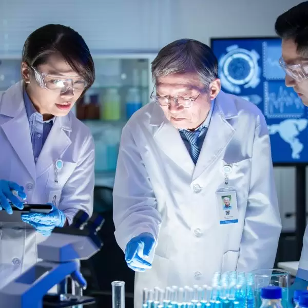 asian scientist team meeting and writing analysis results in the laboratory