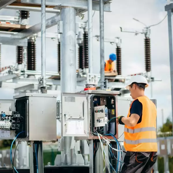 Adult electrical engineer mount the electrical systems at the equipment control cabinet. Installation of modern electrical station