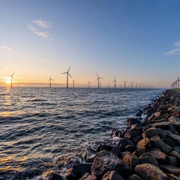 onshore and offshore wind farm at sunset